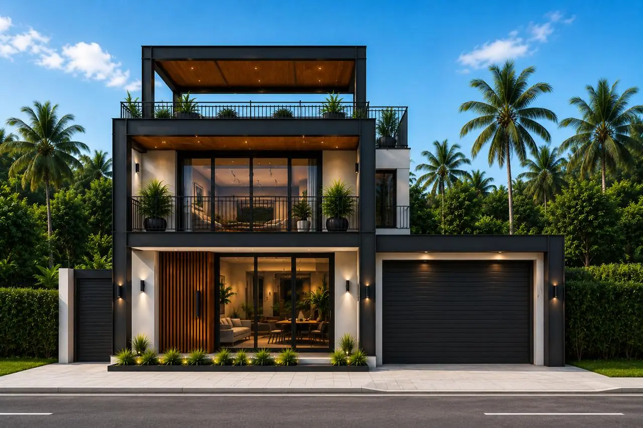 Render de la casa modelo tipología C de tres niveles con terraza