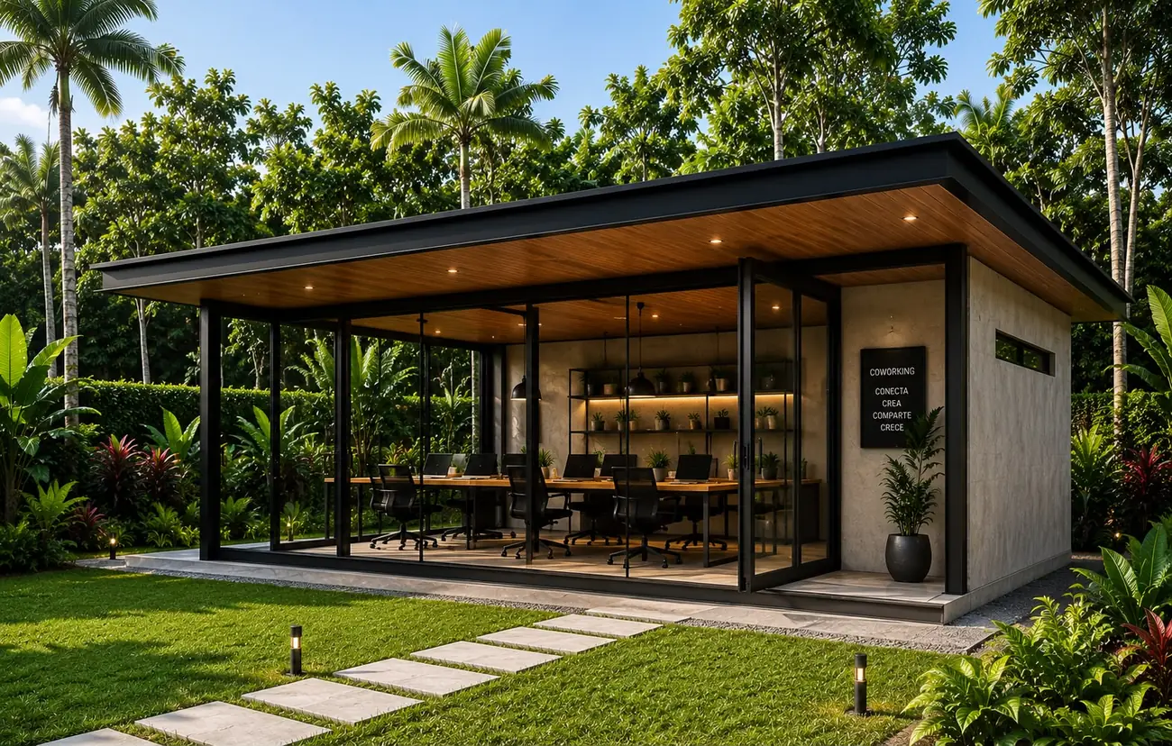 Render del coworking con escritorios frente a la vegetación