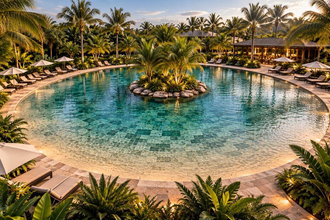Render de la piscina principal tipo laguna con isla de palmeras