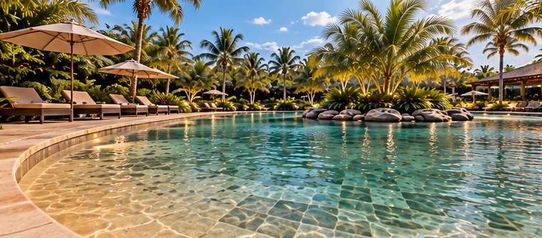 Render de la piscina con agua cristalina e isla central