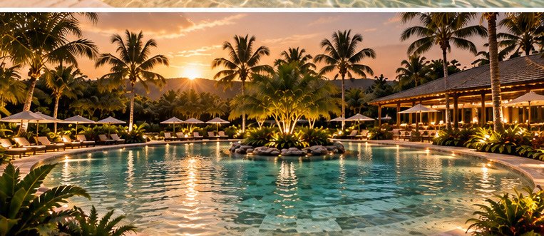 Render de la piscina iluminada al atardecer
