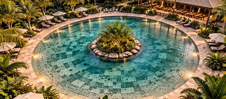 Render de la piscina vista desde arriba con su isla central