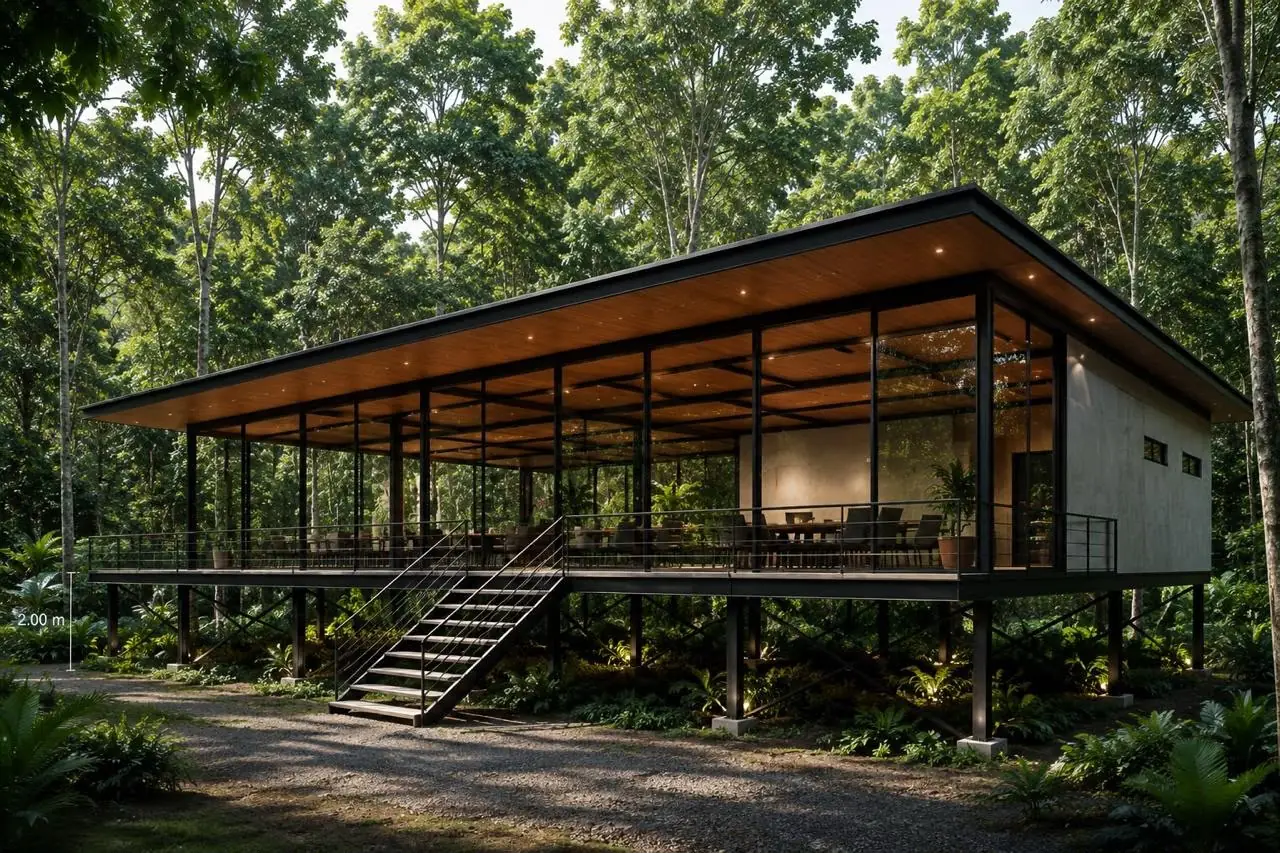 Render del salón social elevado entre la arboleda