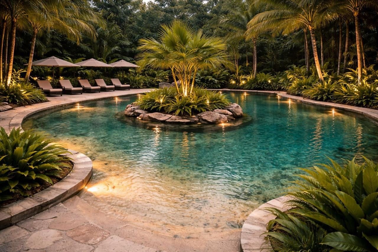 Piscina nocturna rodeada de palmeras